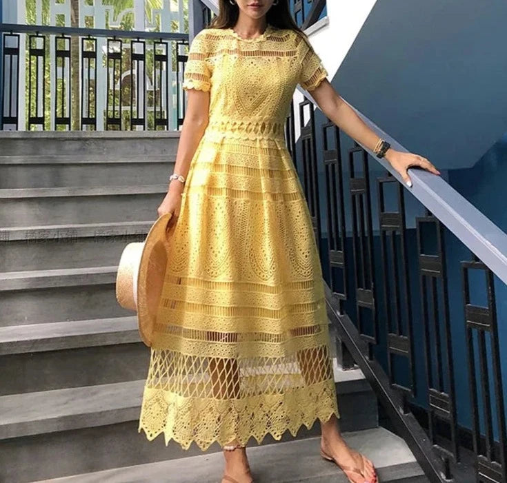 High Quality Short Sleeve Yellow Elegant Lace Dress