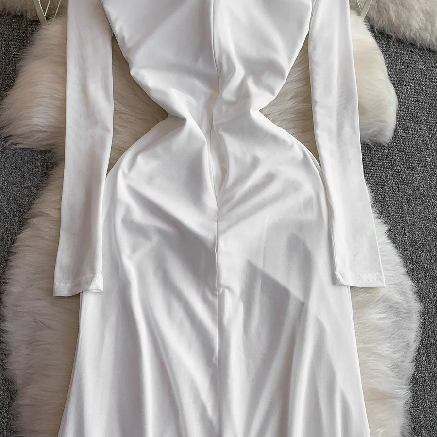 Celebrities Metal Buckle Square Collar with Chest Pad Dress Women's High-end Lace Splicing Mesh Yarn Streamer Elegant Long Dress