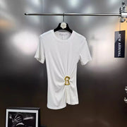 Casual plain pleated patchwork round neck short sleeve t-shirts with spliced metal buckle