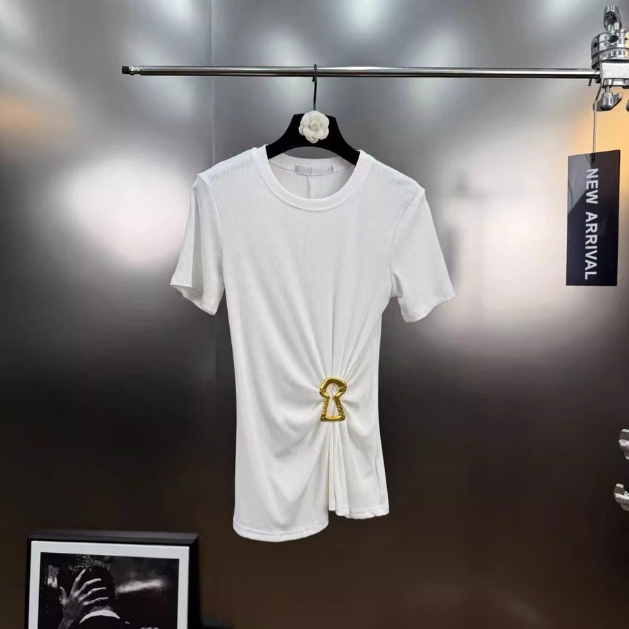 Casual plain pleated patchwork round neck short sleeve t-shirts with spliced metal buckle