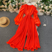 High Quality Lantern Sleeve Stretch Chiffon Wide Leg Deep V Neck Sexy Pleated Long Jumpsuit