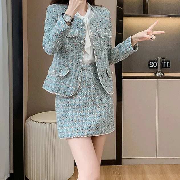 Autumn Winter High Quality New Blue Tweed Two-Piece Set Women Beaded Short Jacket + Mini Skirt Elegant Temperament Chic Suits