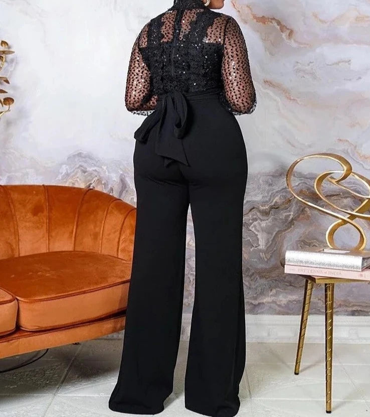 High Quality Sheer Lace Sequined High Neck Long Sleeve Wide Leg Elegant Jumpsuits