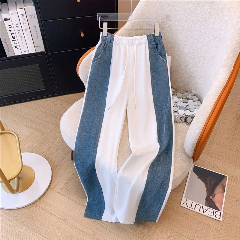 2024 Summer New Stitched Zipper T-shirt top Female Set Elegant Women's Jeans Casual Blouse Two Piece Set Ladies Tracksuits big