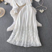 Skirt Sets Women Clothing Temperament Two Piece Set Patchwork Lace Blouses High Waist Hollow Out Long Skirts Suit Summer Outfits