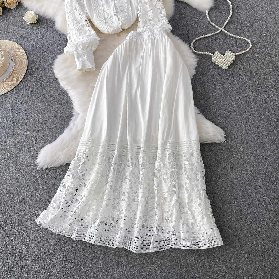 Skirt Sets Women Clothing Temperament Two Piece Set Patchwork Lace Blouses High Waist Hollow Out Long Skirts Suit Summer Outfits
