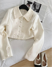 Two-piece set Elegant short jacket and long skirt suit with luxury pearl beads for women, high quality