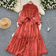 Elegant retro style slit maxi dress with pearl buttons and high-quality crochet embroidery