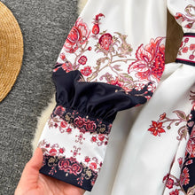 Floral Print Dress Turn Down Collar Flare Sleeve Belt High Quality