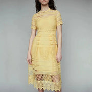 High Quality Short Sleeve Yellow Elegant Lace Dress