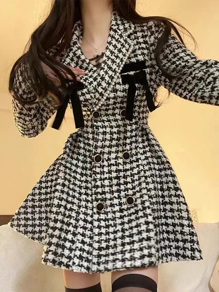 High quality elegant plaid vintage tweed dress