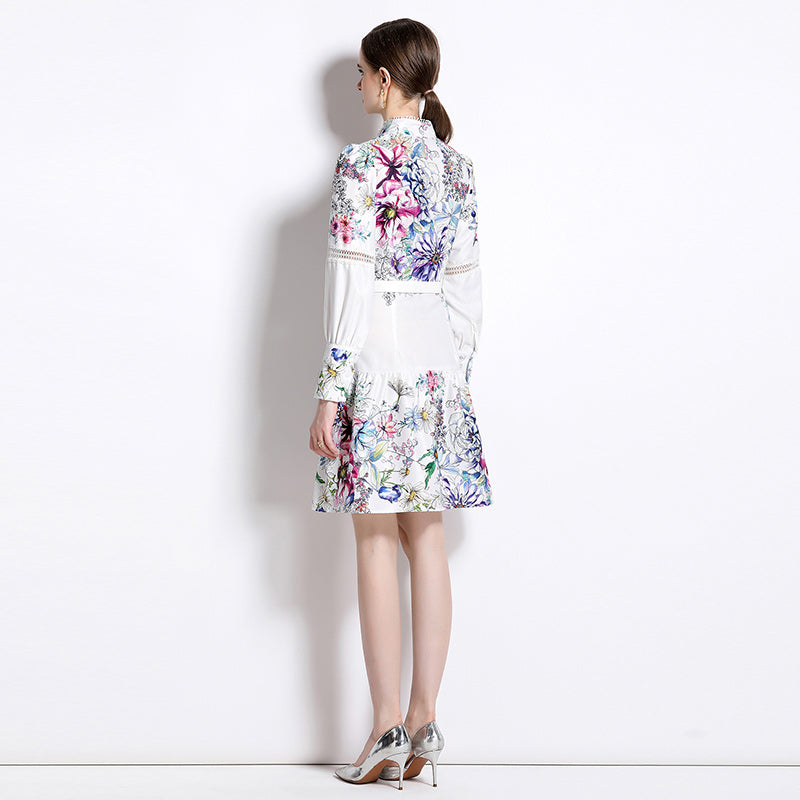 High Quality Support Long Sleeve Flower Print Belted Knee Length Dresses