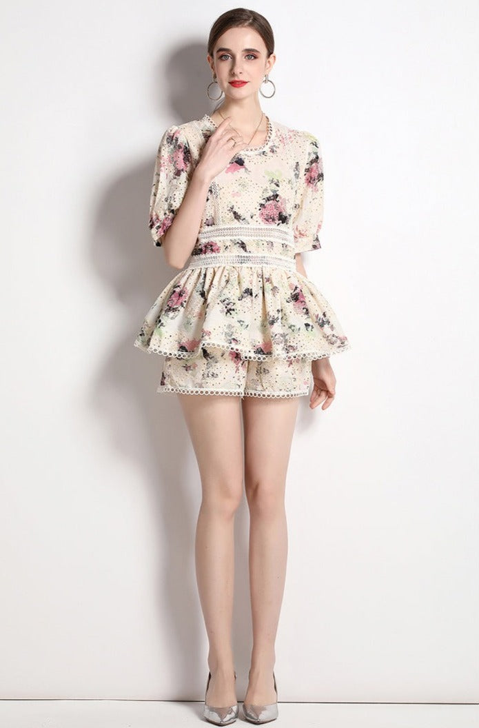 Flower Embroidery Lace Shorts Set Elegant Lantern Sleeve Shirt+Wide Leg Shorts High Quality