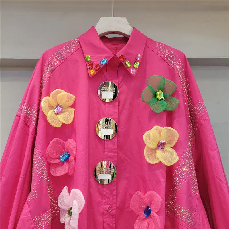 Long sleeve shirt with 3D flowers with high quality hot drilling