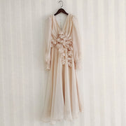 Women Spring Summer Dress Runway Fashion V-Neck 3D Appliques Backless Long Sleeve White Apricot Elegant Party Holiday