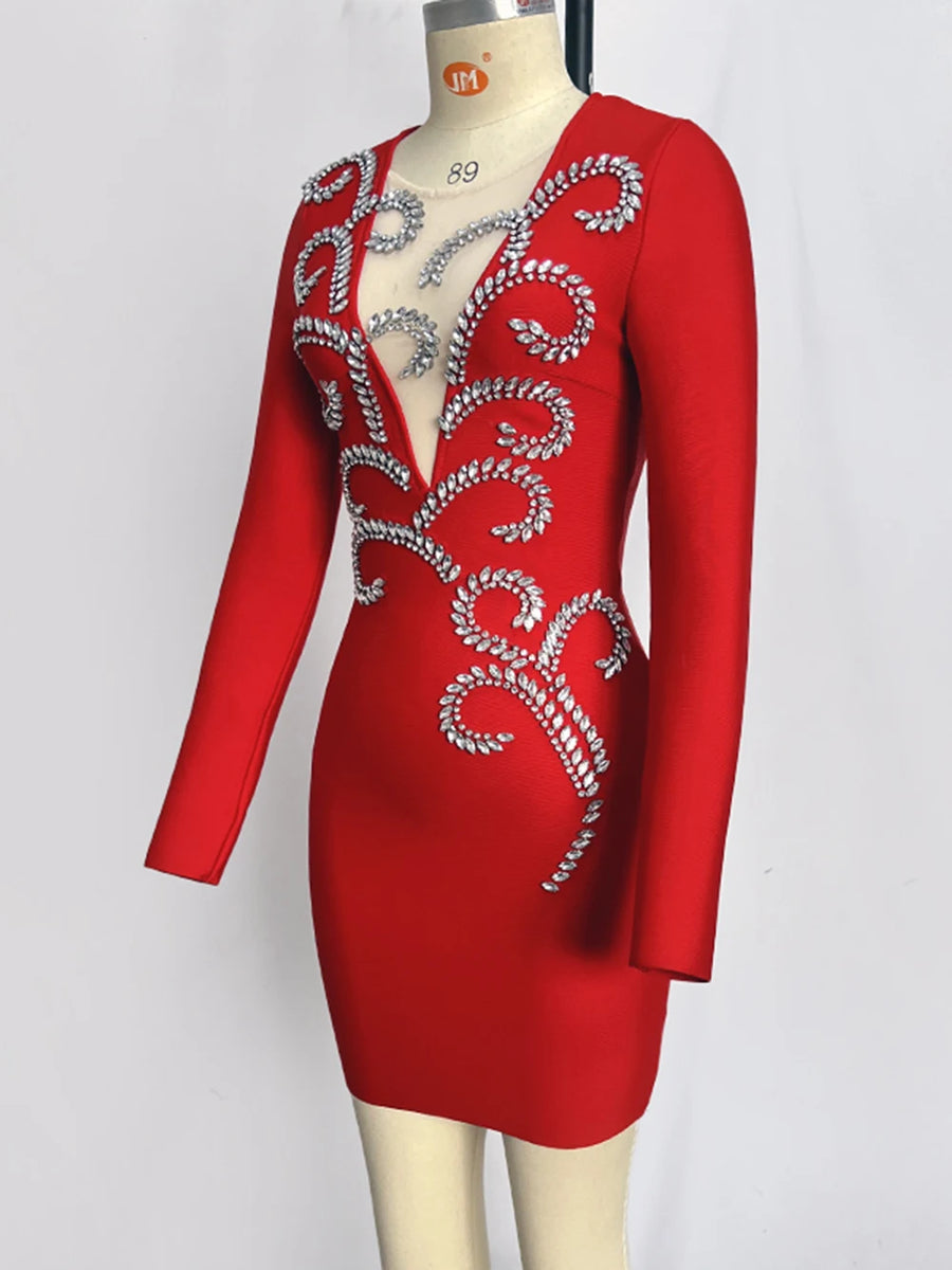 Sexy V Neck Mesh Long Sleeve Luxury Shiny Diamond Bodycon Mini Dress Elegant High Quality Black / L Sexy V Neck Mesh Long Sleeve Luxury Shiny Diamond Bodycon Mini Dress Elegant High Quality Black / L