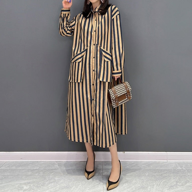 High Quality Long Sleeve Loose Khaki Striped Big Pocket Dress