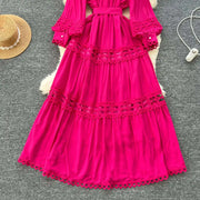 Elegant retro style slit maxi dress with pearl buttons and high-quality crochet embroidery