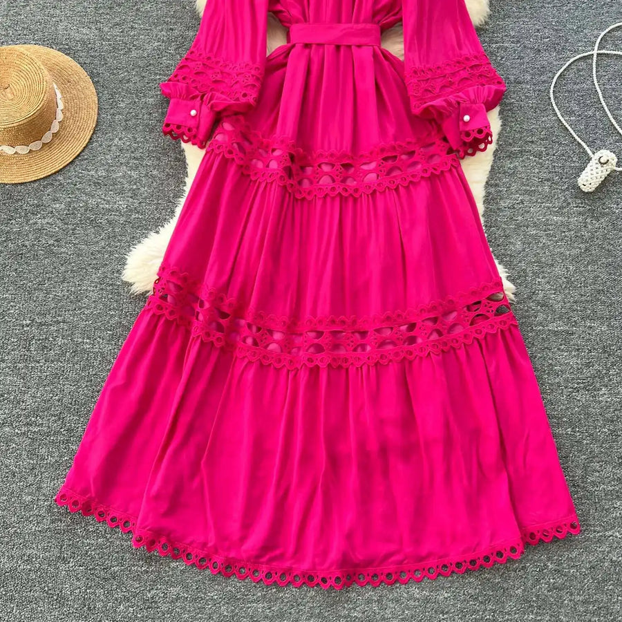 Elegant retro style slit maxi dress with pearl buttons and high-quality crochet embroidery