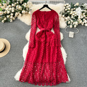 High Quality Slim Belt Long Sleeve Round Neck Lace Long Dress