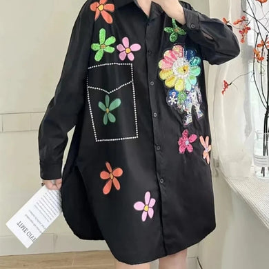 Long sleeve loose floral shirts with high quality embroidery