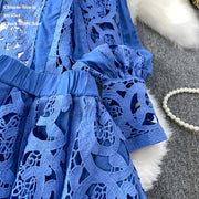 Summer Embroidery Maxi Dress Two Piece Set Women Blue Hollow Lace Long Sleeve Blouse Shirts 3pcs Sets Elastic Waist Skirts Suits