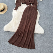 Two Piece Sets Women Skirt Set Full Sleeve Tops Long Skirts A Line High Waist  Streetwear Hollow Out Knit Work Autumn