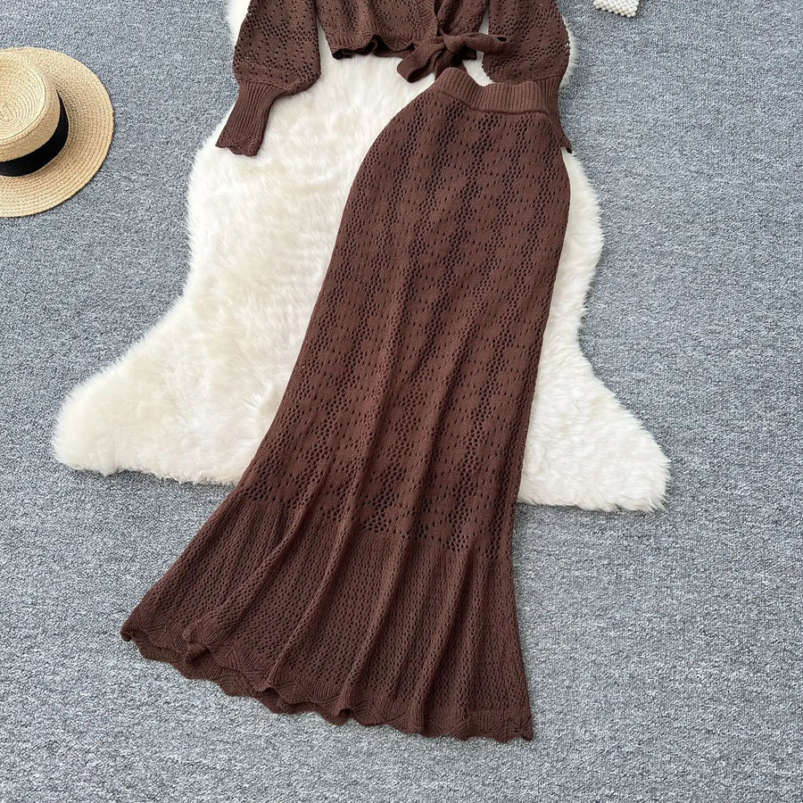 Two Piece Sets Women Skirt Set Full Sleeve Tops Long Skirts A Line High Waist  Streetwear Hollow Out Knit Work Autumn