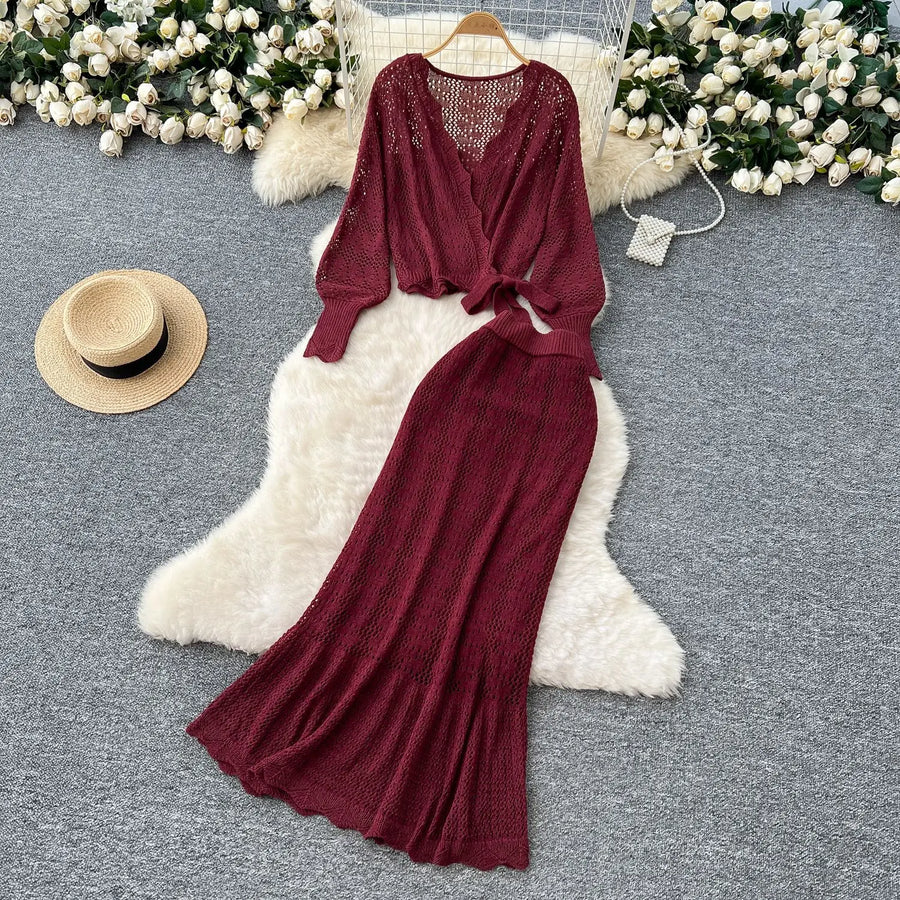Two Piece Sets Women Skirt Set Full Sleeve Tops Long Skirts A Line High Waist  Streetwear Hollow Out Knit Work Autumn
