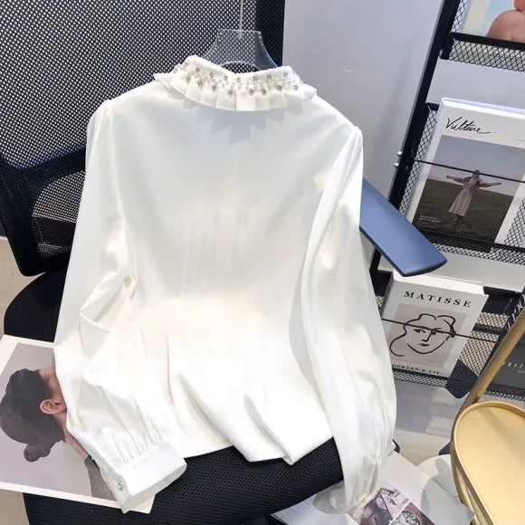 High Quality Diamond Beaded Ruffles Long Sleeve Loose White Shirt