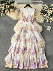 High Quality Lavender Flowers Cascading Ruffle Belt V Neck Sleeveless Dress