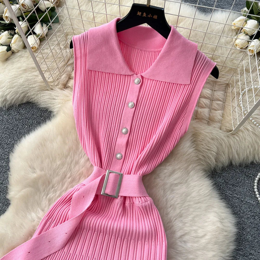 SINGREINY 1950s Ribbed Knit Dress Sleeveless Lapel Belt French Ins Chic Spring Summer Celebrity Style Feminine A-line Long Dress