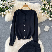 High quality long sleeve cardigan + long elastic pants knitted sets