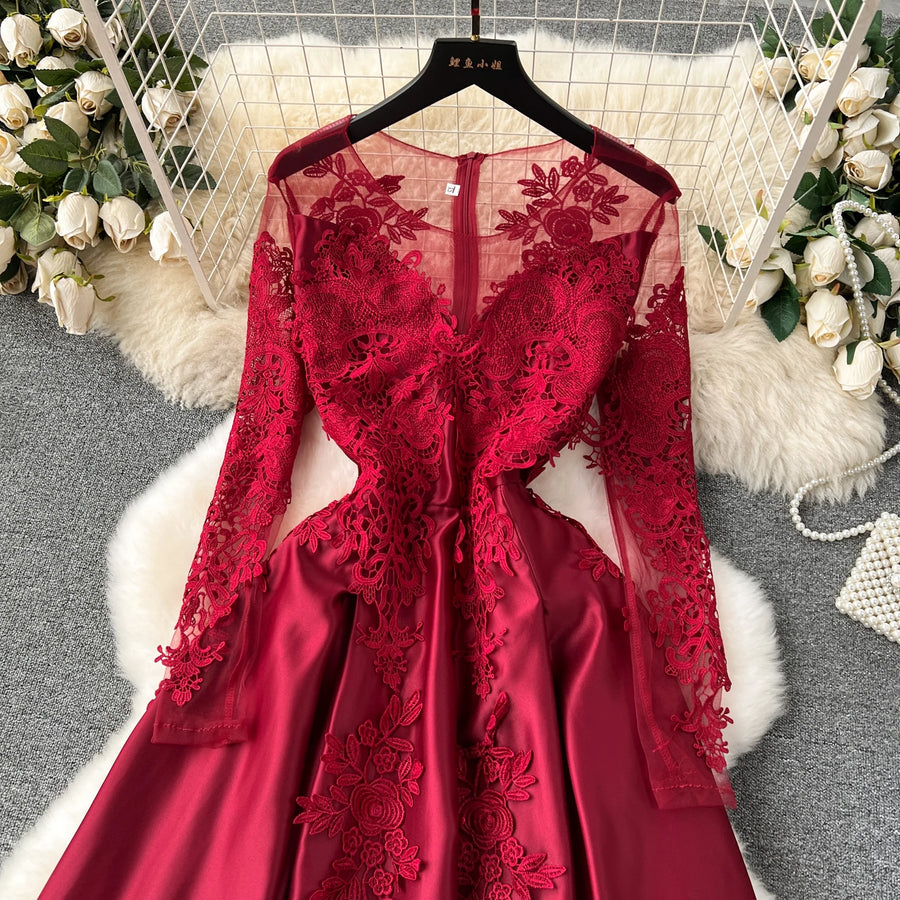 High Quality Vintage Floral Embroidery Mesh Long Sleeve Red Dresses Red / XXL High Quality Vintage Floral Embroidery Mesh Long Sleeve Red Dresses Red / XXL