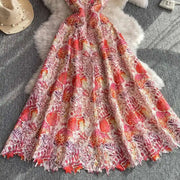 Long dress with open back and sexy A-line cut with high-quality flowers and embroidered lace