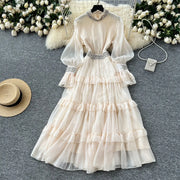 Elegant luxury French style dress, with smooth diamonds, flared sleeves and narrow waist, mid-length high quality