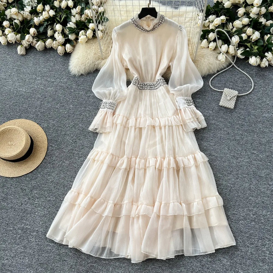 Elegant luxury French style dress, with smooth diamonds, flared sleeves and narrow waist, mid-length high quality