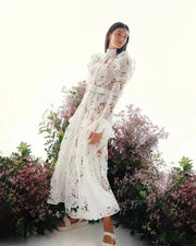 High quality French temperament water soluble lace single-breasted hollow long-sleeved dress