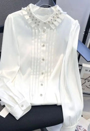 High Quality Diamond Beaded Ruffles Long Sleeve Loose White Shirt