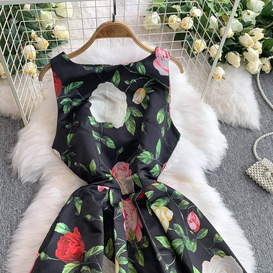 Fashion Elegant Print Sleeveless Dress Women 2026 Summer New Slim Waist Gown Ball Big Swing Robe Fresh Temperament Vestidos