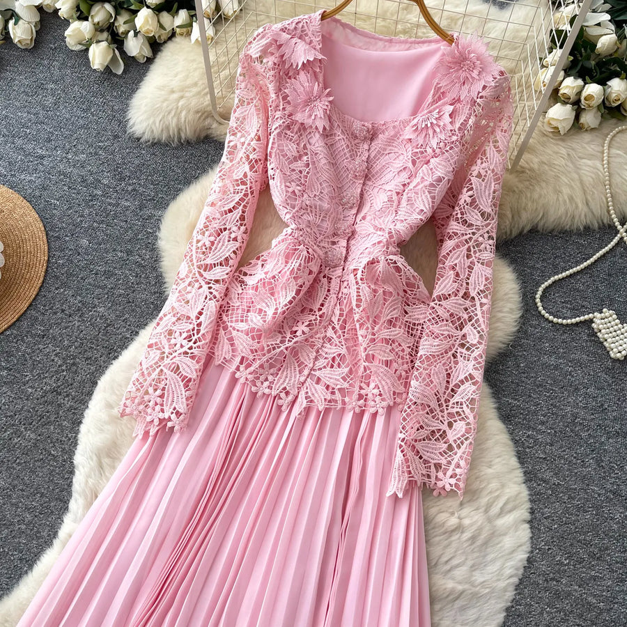 Lace Ruffle Camis Midi Dress Two Pieces Sets V Neck Top  Vintage   Tulle Pleated  Skirt   High Waist A-line Skirt Fall Sets