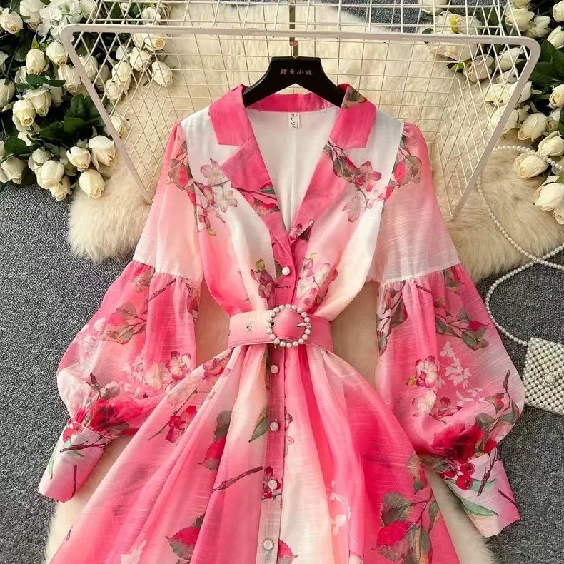 Long Dress Women Dresses Print Floral Turn Down Collar A Line Vestidos Lantern Sleeve Elegant High Waist Y2k 2025 Streetwear
