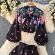 Two Piece Set Flower Print Lantern Sleeve Shirt Bow Neck Top + Belted Shorts High Quality