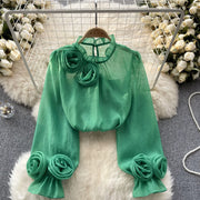 High Quality Loose Fit Fitted Lantern Sleeve Ruffled Chiffon Blouse