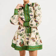 High Quality Single Breasted Long Flare Sleeve Loose Flower Print Pleated Mini Dress