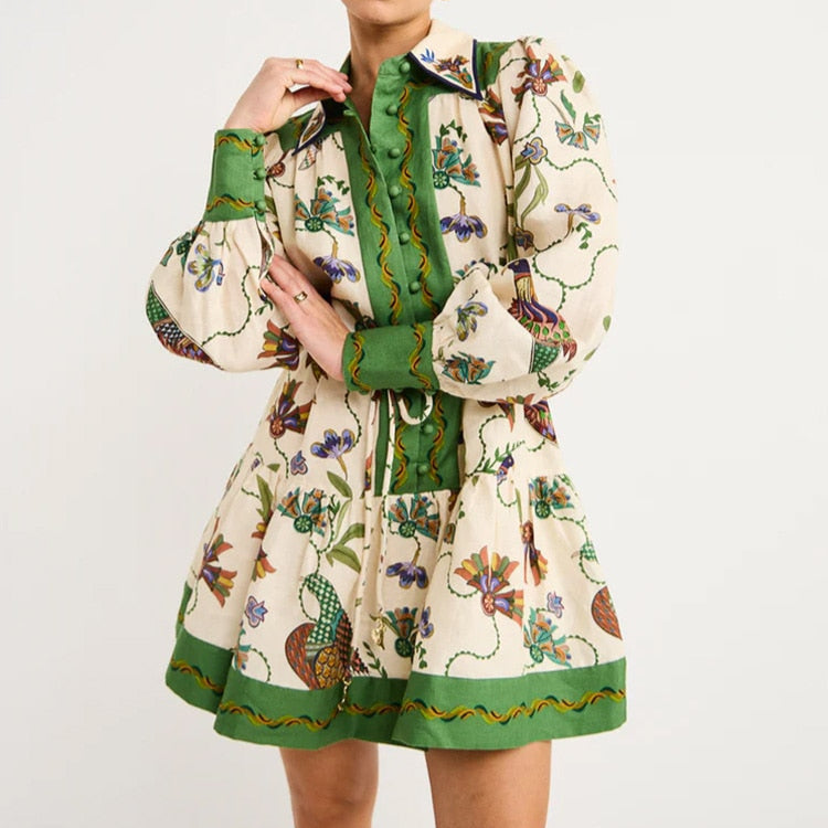 High Quality Single Breasted Long Flare Sleeve Loose Flower Print Pleated Mini Dress