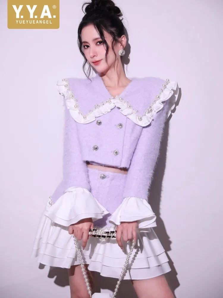 Fashion Sweet Office Lady Pearl Jacket Sets Double Breasted Ruffles Spliced Coat Outfits Light Purple Mini Skirt Two-Piece Set