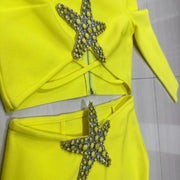 New Women's Luxury Beaded Starfish Diamond Sexy Long Sleeve Short Top High Waisted Split Skirt 2-Piece Nightclub Party Set