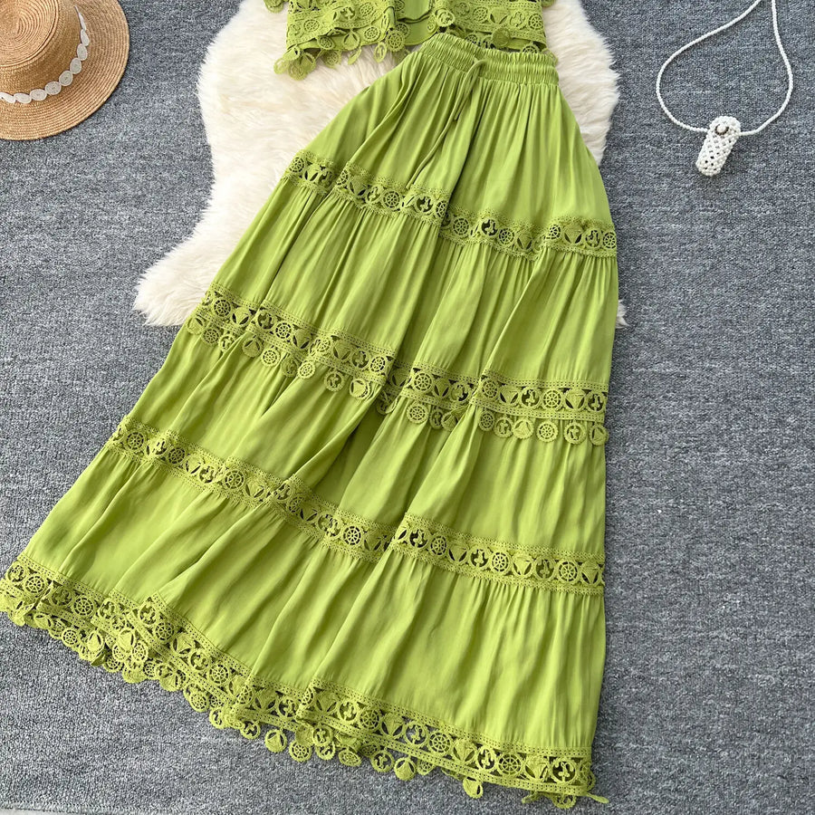 Luxury Long Dresses 2 Piece Sets Women Summer Holiday Hollow Out Crop Tops Elastic Waist Maxi Skirts Suits A Line Party Vestidos