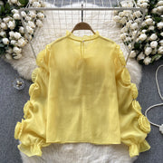 3D Floral Sheer Shirt Ruffle Collar Long Sleeve High Quality